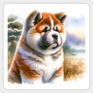 Watercolor Akita Puppies Painting - Cute Puppy Sticker